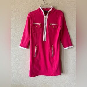 Boston Proper Chic Zip Womens Knit Dress Pink 3/4 Sleeves Mock Neck Nautical S